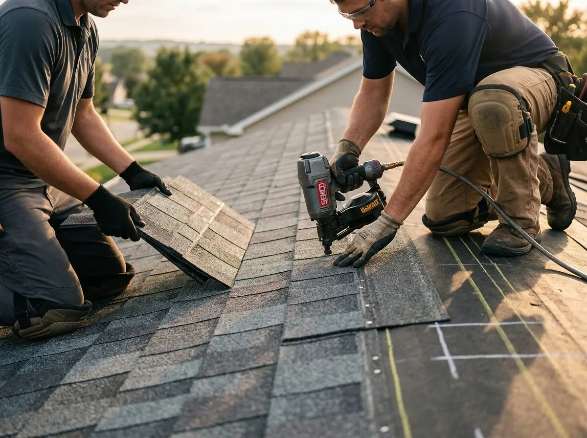 Professional roofer working on a residential roof in Green Cove Springs